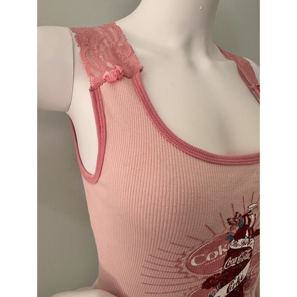Vintage Y2K Coca-Cola Distressed Graphic Pink Lace Trim Baby Tank Top size XS - Picture 6 of 9